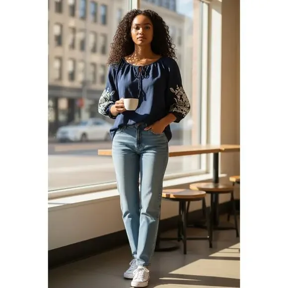 New York Clothing Co. Blue Womens Embroidered Mid-Sleeve Blouse Top Sz Small NEW - Picture 3 of 6